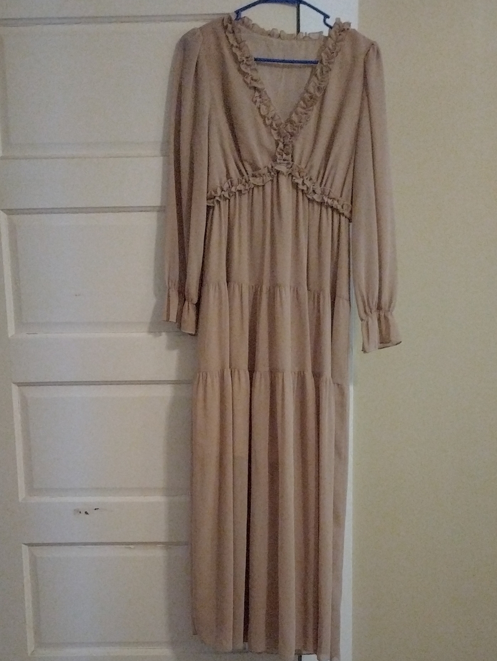 Ruffle-Trim Long Sleeve Maxi Dress in Taupe